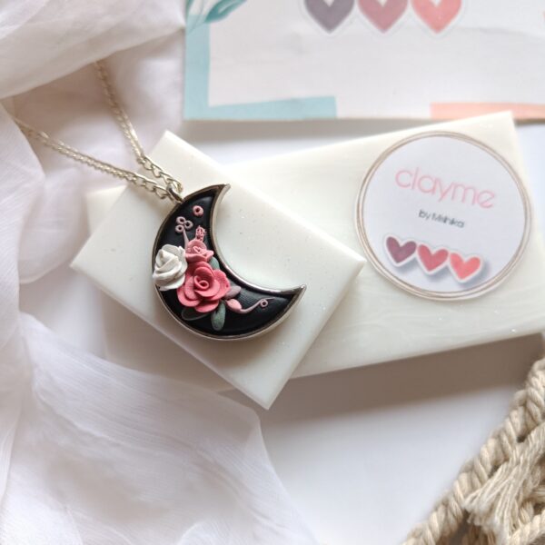 Black Floral Moon Pendant