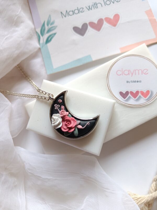 Black Floral Moon Pendant