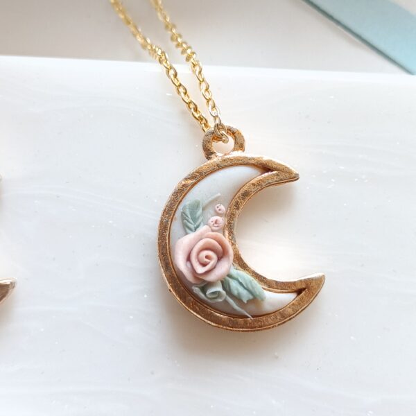 Moon Floral Pendant Polymer Clay