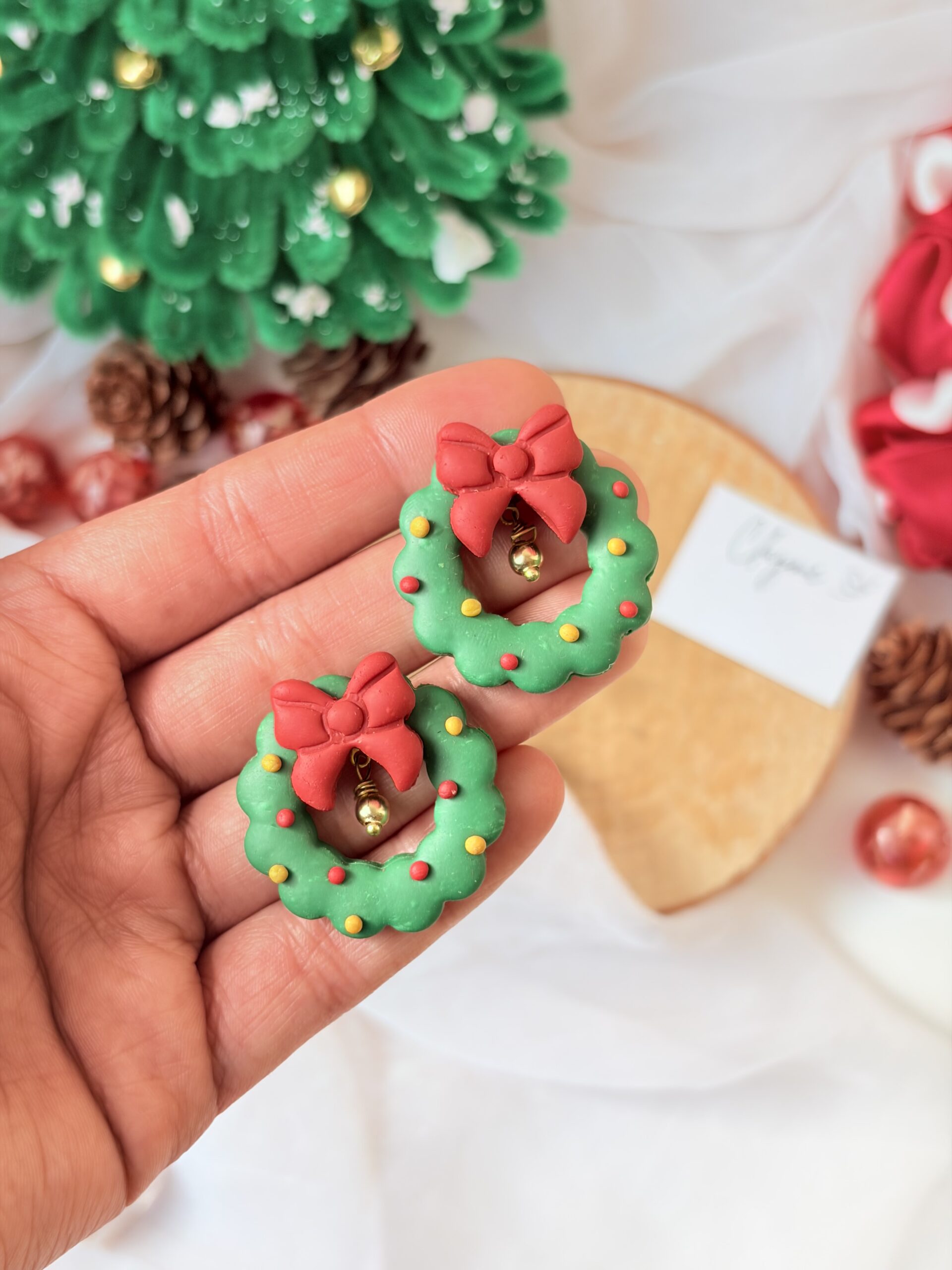 Festive Bow Wreath Drop Earrings - Image 4