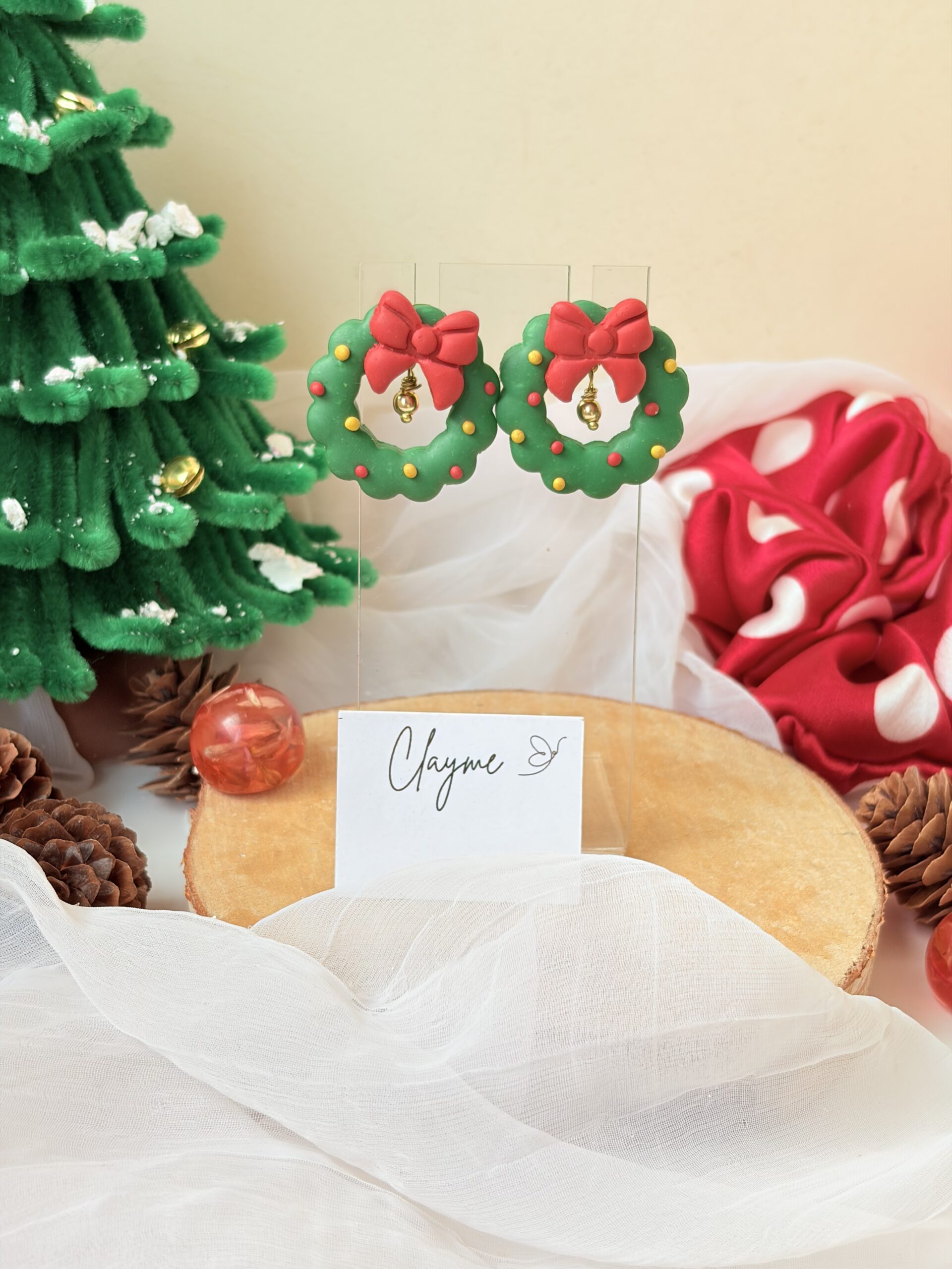 Festive Bow Wreath Drop Earrings - Image 3